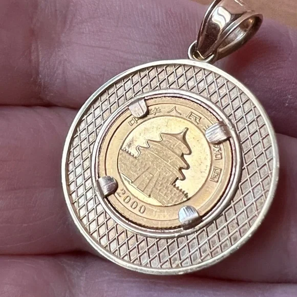 14K BEZEL SET PENDANT PANDA COIN 2000 1/20oz 5 YUAN FROSTED .999 FINE GOLD
